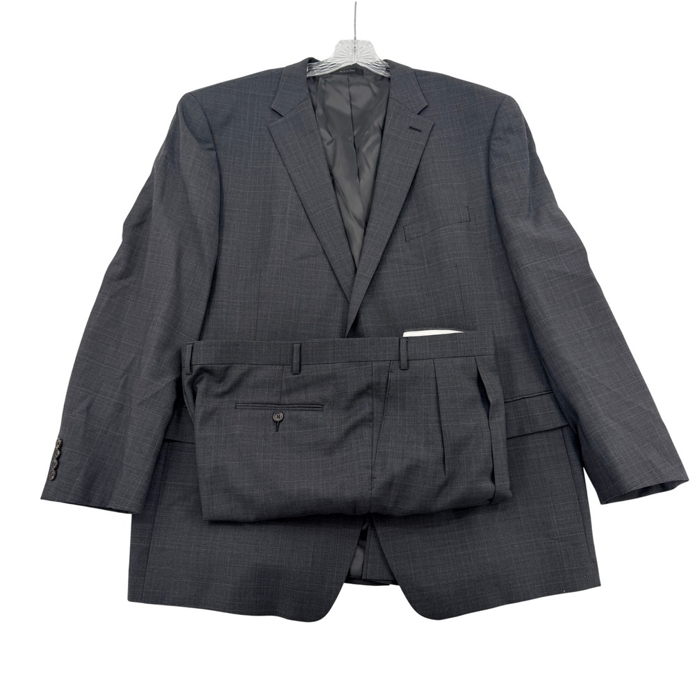 Lauren Ralph Lauren Mens 52L Suit Charcoal Grey Glen Plaid 100% Wool 2 Button